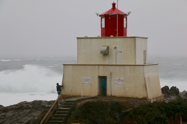 Waves breaking on Amphitrite Point light house, Ucluelet, BC